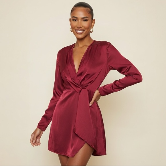 PrettyLittleThing Burgundy Satin Wrap Mini Dress Long Sleeve Size 8 - Picture 15 of 15